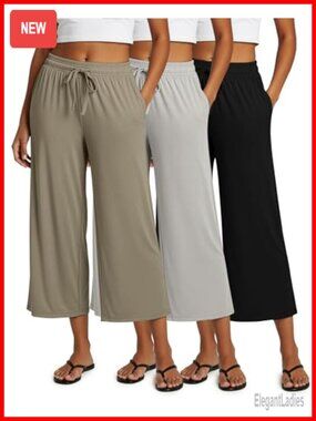 Ultra-Soft Wide Leg Capri Yoga Lounge Pants - 3 Pack with Pockets